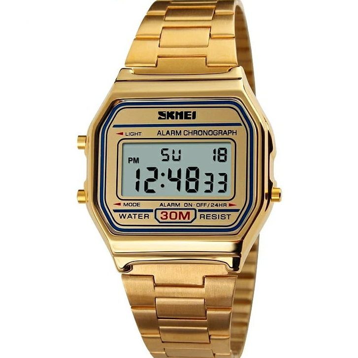 Relógio feminino skmei 1123 digital quadrado multifunção casual discreto pulseira inox dourado