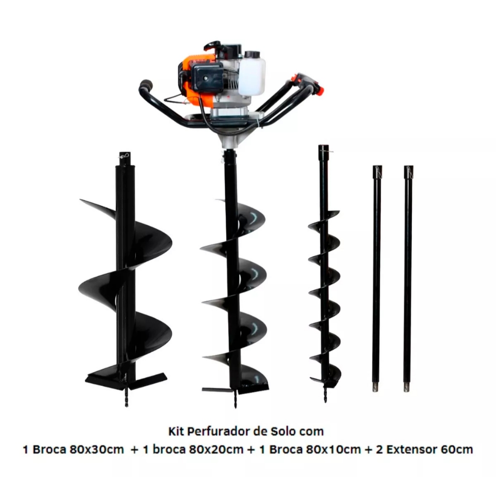 Perfurador de solo a gasolina 52cc com broca 80x30cm, 80x20cm, 80x10cm e 2pc extensor 60cm Marca Tssaper Modelo PS52CC-3