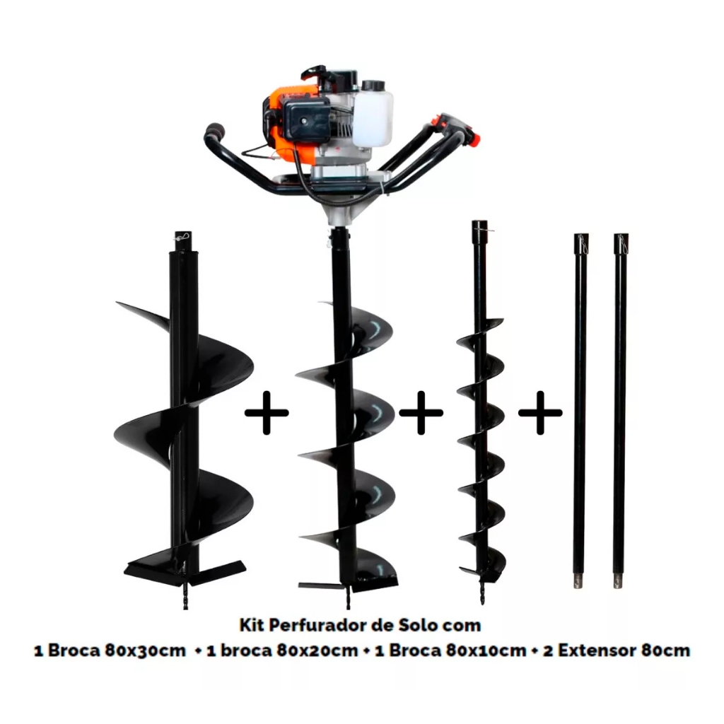 Perfurador de solo a gasolina 52cc com broca 80x30cm, 80x20cm, 80x10cm e 2 extensor 80cm Tssaper