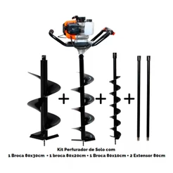 Perfurador de solo a gasolina 52cc com broca 80x30cm, 80x20cm, 80x10cm e 2 extensor 80cm Tssaper