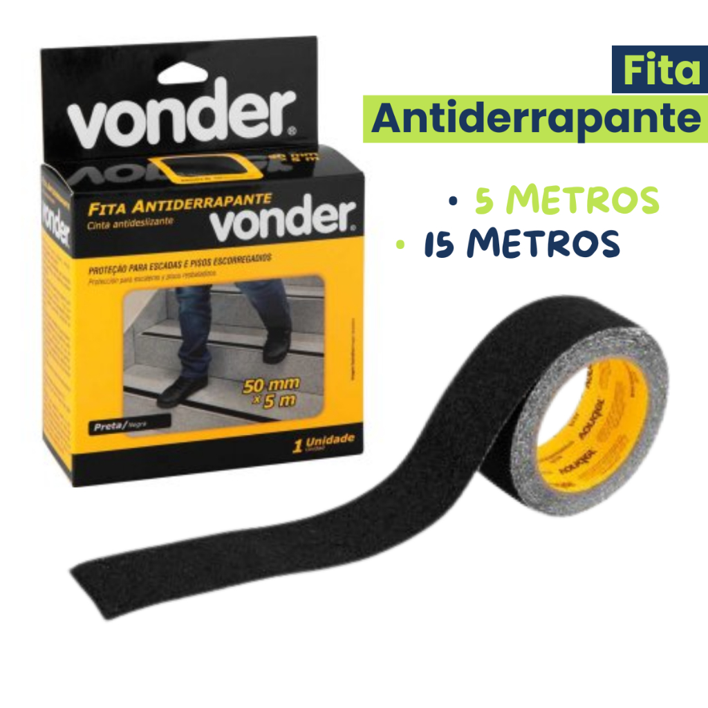 Fita Lixa Antiderrapante Vonder 50mm 5 Metros / 15 Metros Preta Piso Liso Escada Rampa Garagem Skate