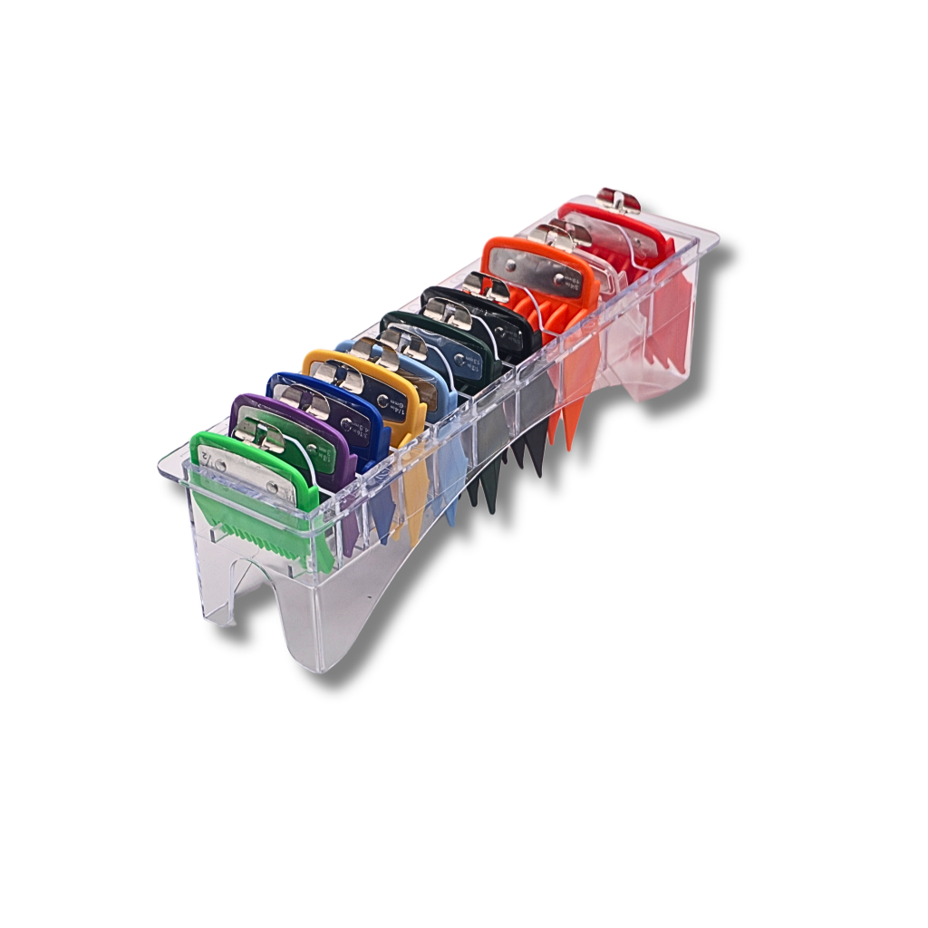 Kit 10 Pentes Especiais Degrade Colorido Trava De Metal Pra Maquina de Corte Wahl e Suporte Acrílico