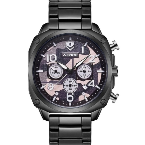 Relógio masculino social analógico cronógrafo funcional inox quadrado preto camuflado weide wd009