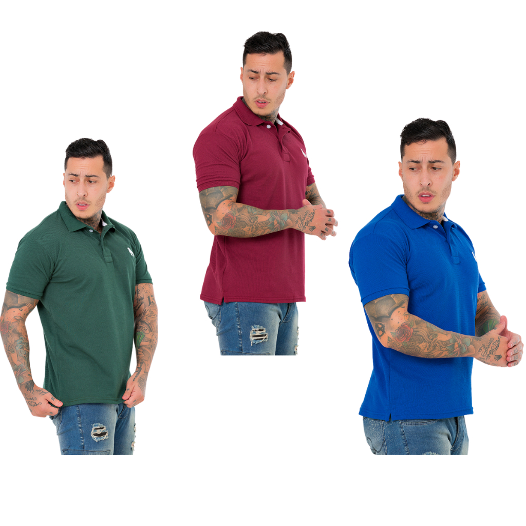 kit 3 camisas polo basica masculino piquet algodao e poliester em Oferta na Shopee