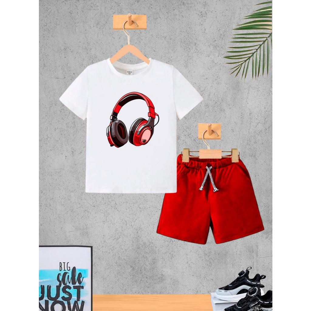 Conjunto Infantil Vermelho Fone Vermelho Menino Camiseta e Bermuda Roupa Criança Masculino Verão