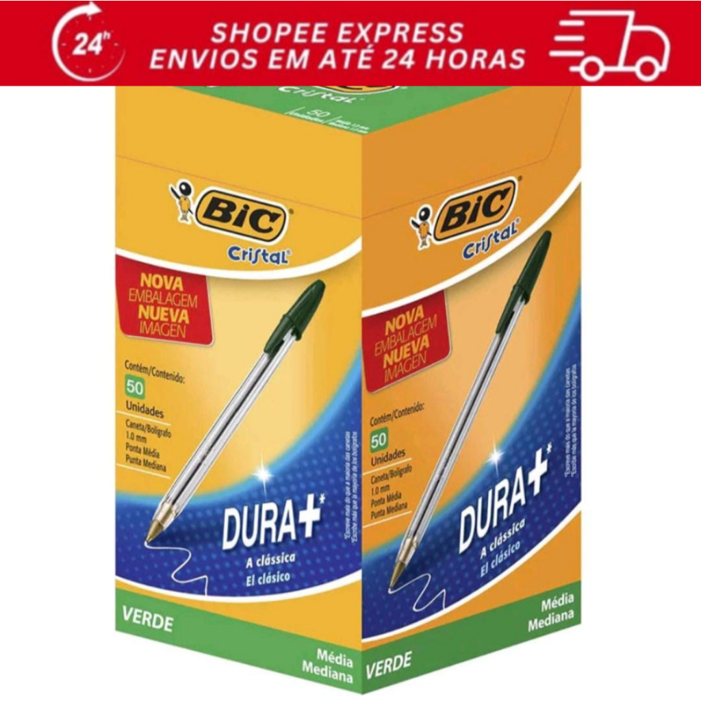 CANETA BIC CRISTAL 1.0 VERDE CX C/50 em Oferta na Shopee