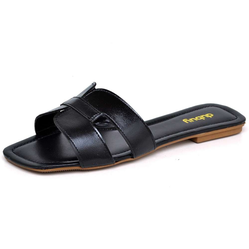 Detalhes do Sandália Rasteira Feminina Bico Quadrado Preto Original Dubuy Lisa 2080DB