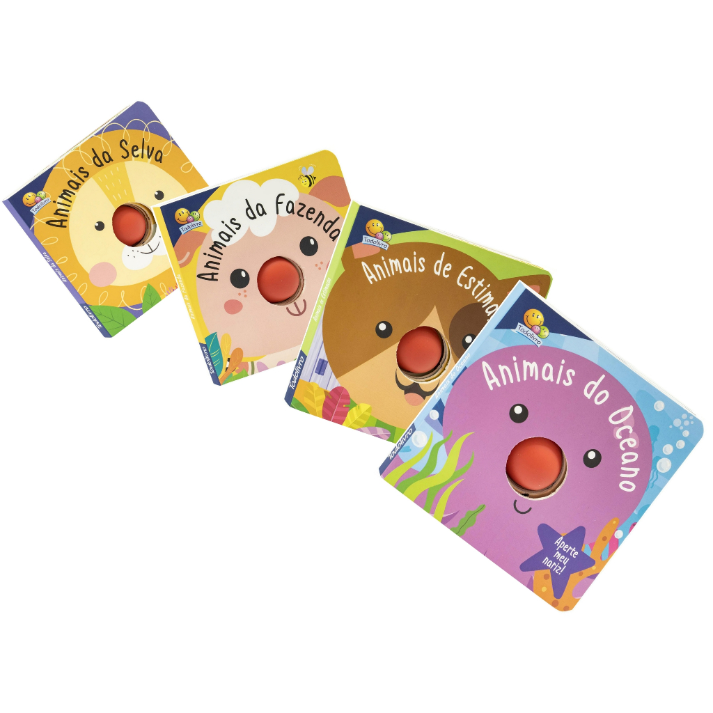 Kit 4 Livro Infantil com Buzina Aperte Meu Nariz Animais da Fazenda Selva Oceano Bichinhos Todolivro