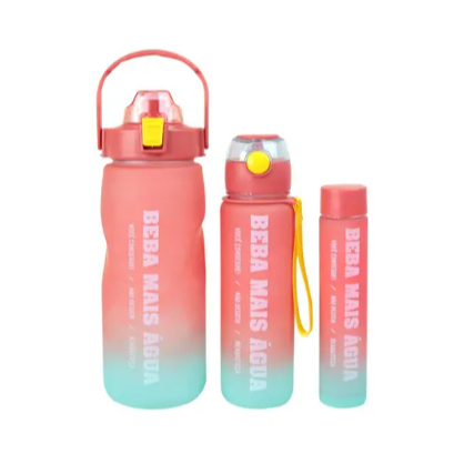 Kit 3 Garrafas de Água Squeeze Motivacional Com Canudo Degrade Adesivos 3D