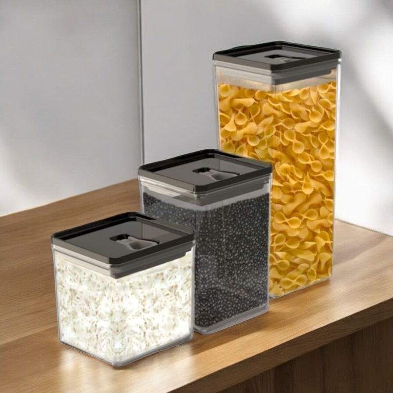 Kit 3 Pote Hermético 5 Litros Organizador Transparente Empilhável Tampa c/ Puxador Alimentos Mantimentos Dubai