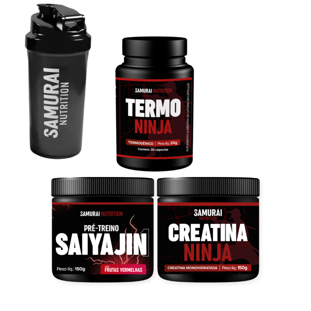 Kit 1x Termogenico 30 Capsulas + 1x Creatina Ninja 150g + 1x Pré Treino 150g + 1 Coqueteleira 600ml Samurai Nutrition