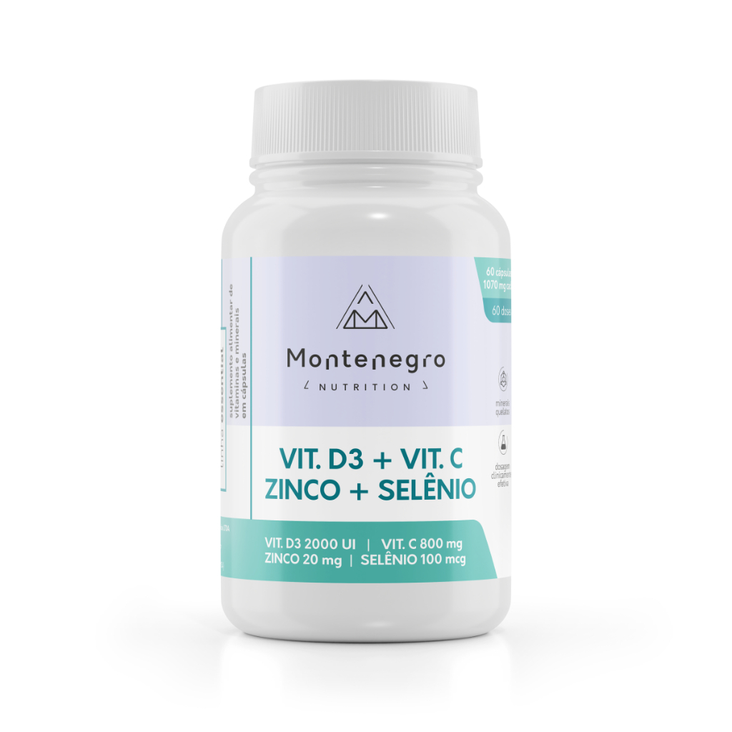 Vit. D3 + Vit. C + Zinco + Selênio - minerais quelatos - 60 cápsulas - Montenegro Nutrition