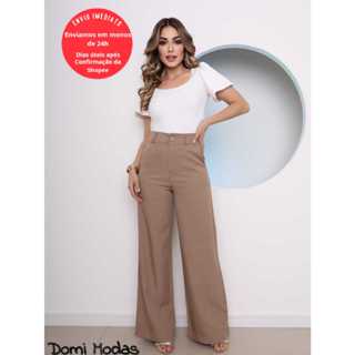Domi Modas Calça Pantalona Louis Twill Feminina Social Wide Leg G120 em Oferta na Shopee