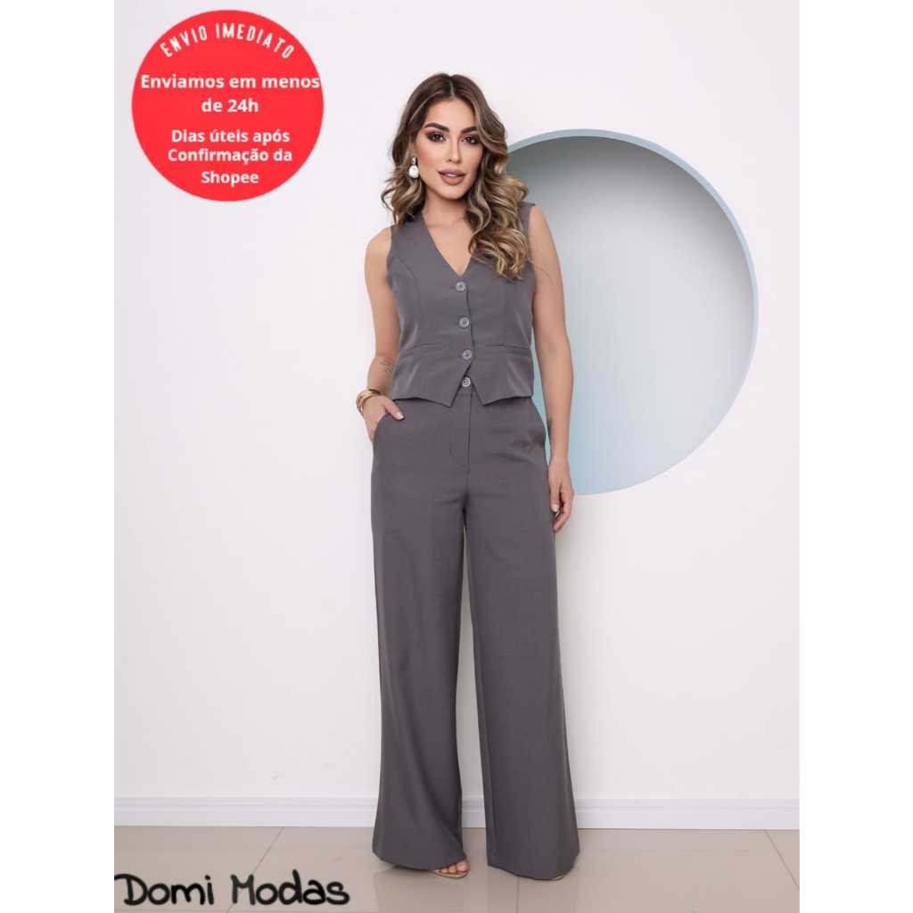 Domi Modas Conjunto Longo Calça e Colete Alfaiataria Luis Twill Com Bolso Social Fashion 189 em Oferta na Shopee