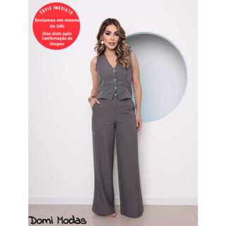 Domi Modas Conjunto Longo Calça e Colete Alfaiataria Luis Twill Com Bolso Social Fashion 189 em Oferta na Shopee