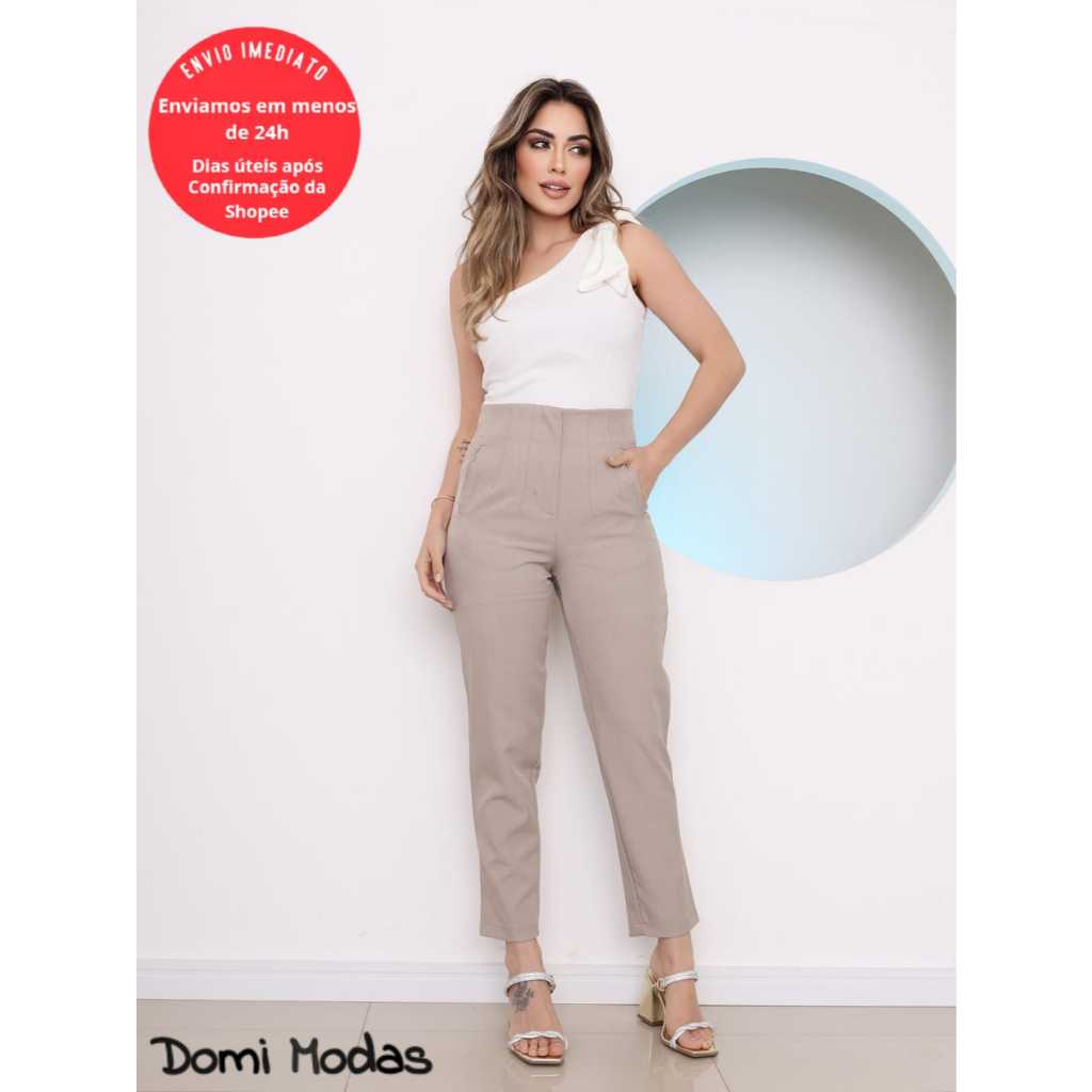 Domi Modas Calça Feminina Alfaiataria Cintura Alta Moda Elegante Blogueirinha com Bolsos Zr 8444 em Oferta na Shopee