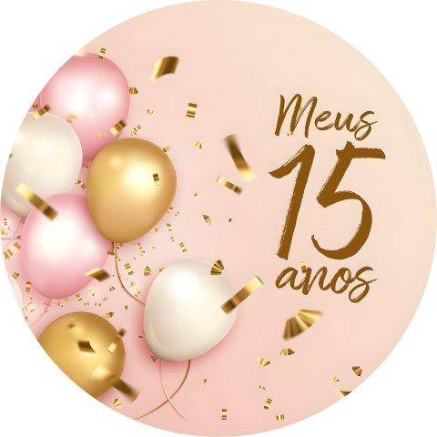 Painel Festa Infantil Redondo Meus 15 Anos, Balões Rosa Claro e Dourado Gold + Arco, Suporte incluso. Fazemos personalizado com qualquer tema. Confeccionado em Lona fosca, impressão de alta resolução. cenário Circular p/ Decoração
