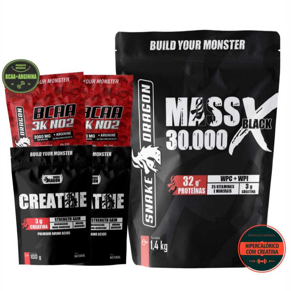 Hipercalorico - Mass 30000 1,4KG + 2x BCAA 3K NO2 c/c ARGININA + 2x Creatina 100g - Snake Daragon em Oferta na Shopee