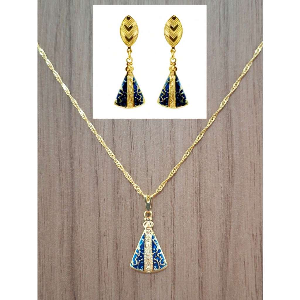 Colar e Brincos Manto Sagrado de Nossa Senhora Banhados a Ouro 18k Antialérgico