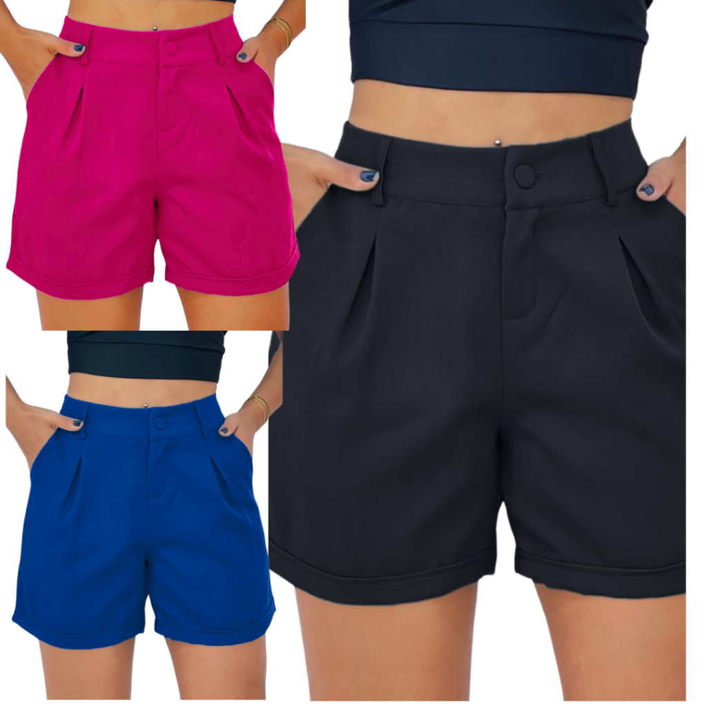Shorts Feminino Meia Coxa Cintura Alta Bolso Bermudinha Alfaiataria Social