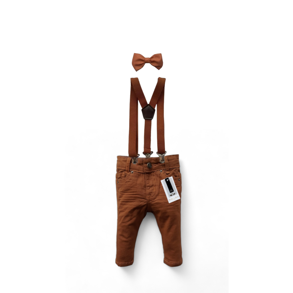 Roupa Infantil Calça Jeans Colorida Marrom Caramelo com Suspensório Gravatinha Bebê Menino