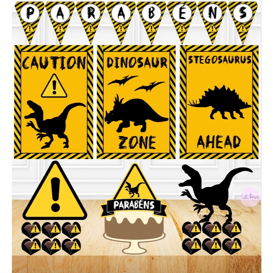 Kit só um bolinho Kit festa em casa DINO CAUTION Kit personalizado para aniversário ou mesversário tema DINOSSAURO