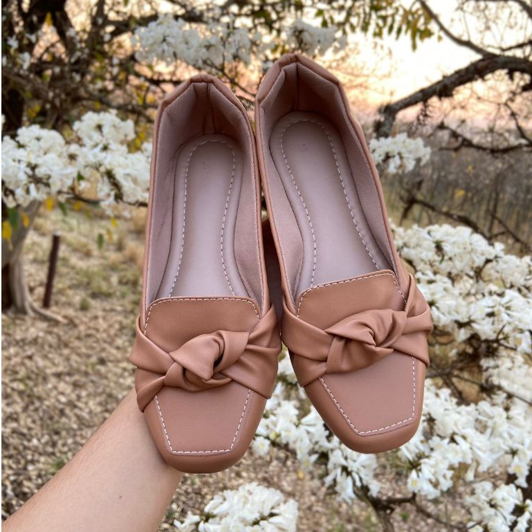 Mocassim Feminina Confortavel Caramelo Sapatilha Nó Bico Quadrado Lançamento Comfort