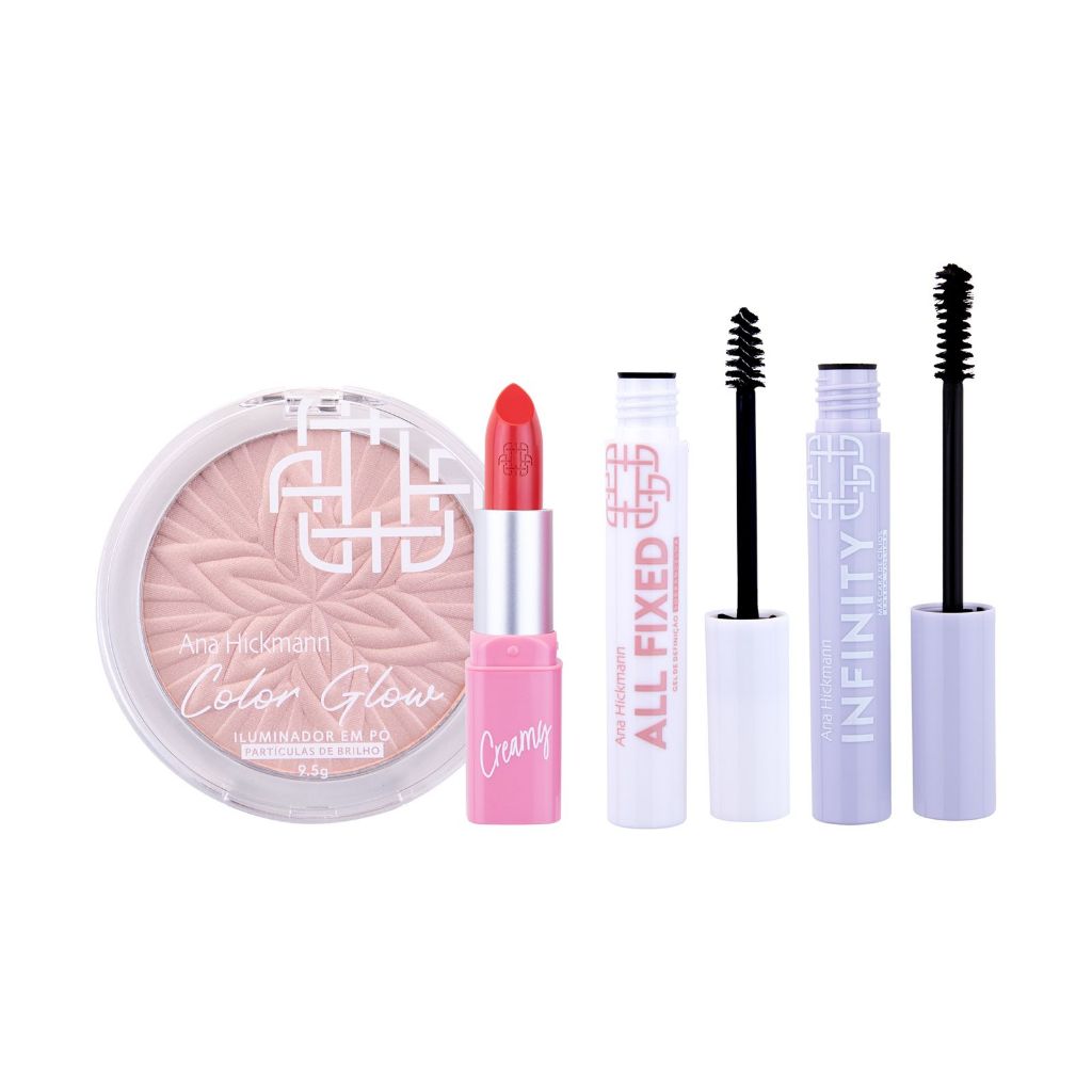Kit Batom + Iluminador + Gel de Sobrancelhas All Fixed + Mascara de Cílios Infinity Ana Hickmann - Beauty