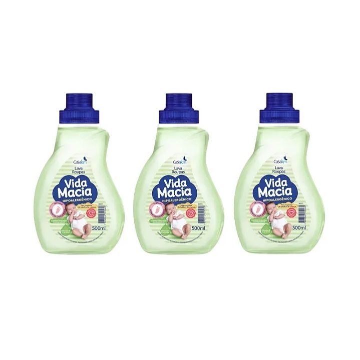 KIT COM 3 UNID. LAVA ROUPAS LIQUIDO VIDA MACIA  GLICERINA & ERVA DOCE 500ML