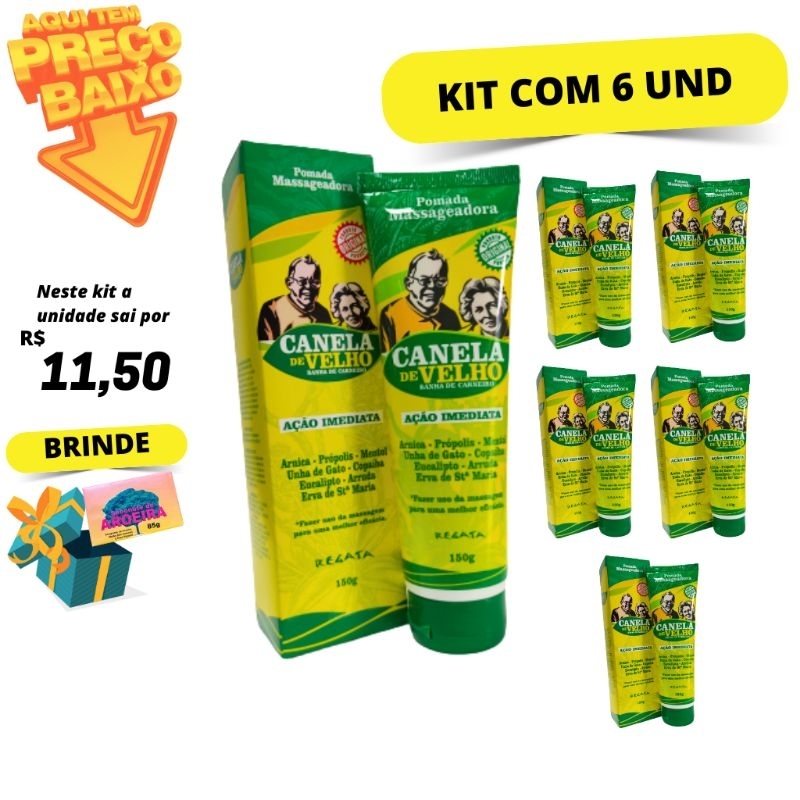 Kit com 6 Creme Pomada Canela de Velho Regata Banha de Carneiro 150g