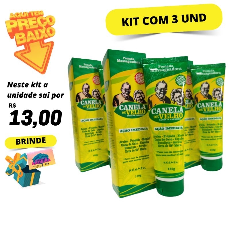 Kit com 3 Creme Pomada Massageadora Canela de Velho Regata Banha de Carneiro 150g