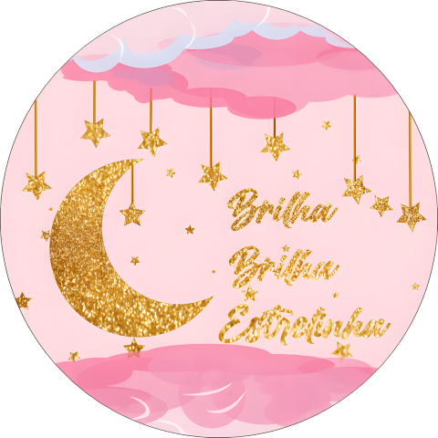 Painel Festa Infantil Redondo Brilha Brilha Estrelinha. Lua e Estrelas Douradas Brilhantes + Arco, Suporte incluso. Fazemos personalizado com qualquer tema. Confeccionado em Lona fosca, impressão de alta resolução. cenário Circular p/ Decoração