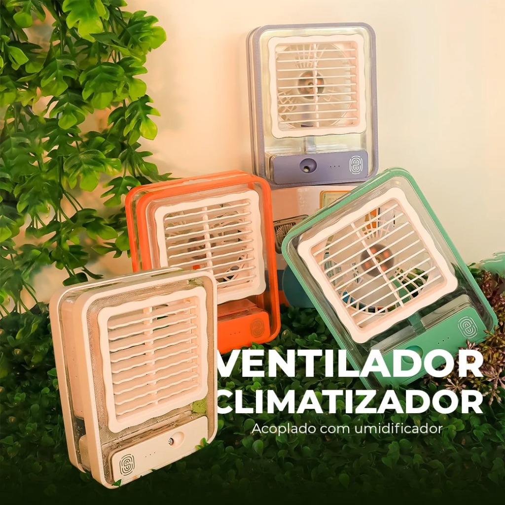 Mini Ventilador Umidificador de Mesa Portátil com LED Silencioso 3 Velocidades