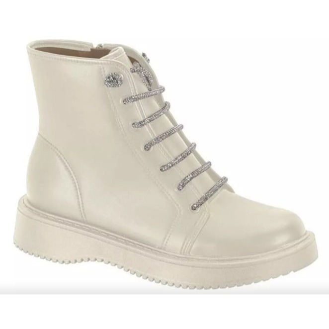 Bota Feminina Coturno Moleca Branco Off Cadarço com Brilho Solado Tratorado Estilo Urbano Conforto