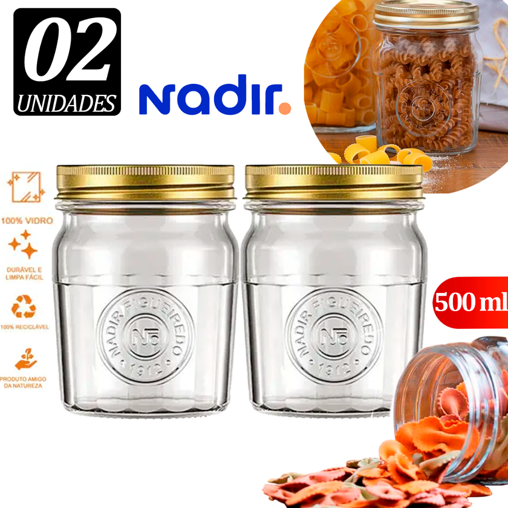 Jogo 2 Pote Americano Nadir Vintage 500ml porta mantimentos lata de mantimentos de vidro com tampa