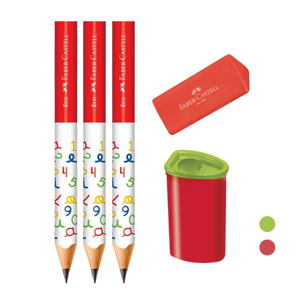 Kit 3 Lápis Jumbo + Apontador + Borracha Faber Castell