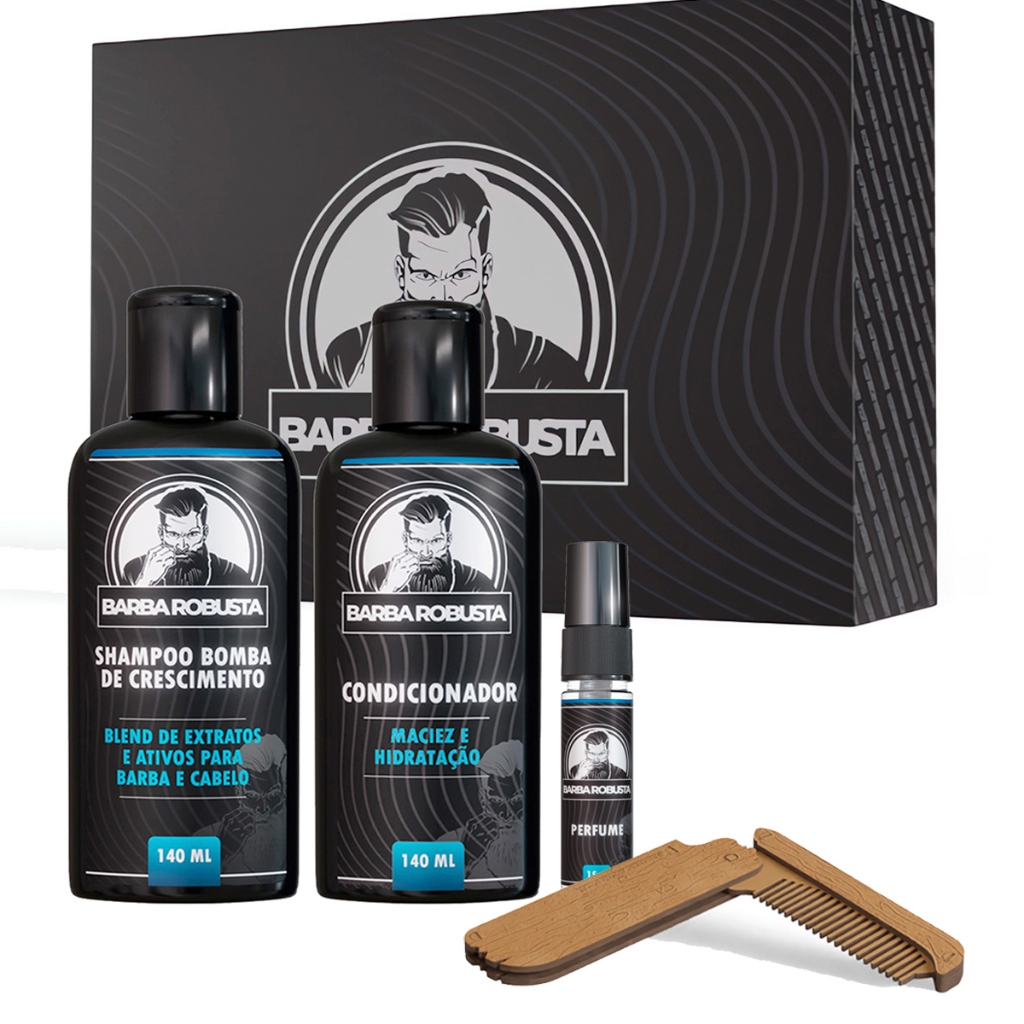 Barba Robusta kit barba Shampoo Condicionador Perfume e Pente madeira