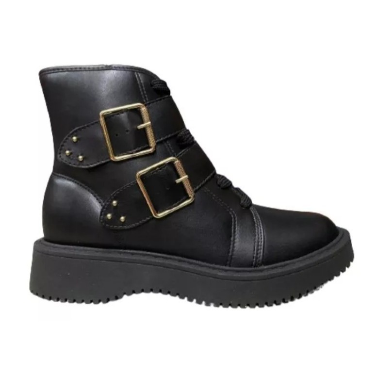 Bota Coturno Feminino Moleca Preto Com Fivela Dourada  Super Estilosa Confortável E Solado Tratorado