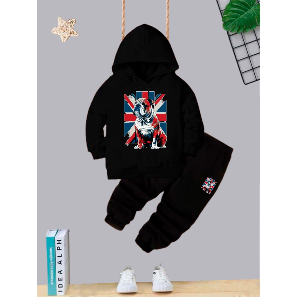 Conjunto Moletom Infantil Blusa + Calça Menino Inverno Flanelado Com Estampa Divertida Dog Inglaterra Capuz e Bolso