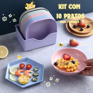 Kit Com 10 Pratos Plásticos Duros Reutilizaveis Com Suporte em Oferta na Shopee