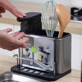 Organizador Aço Inox De Pia Suporte Para Esponja Com Porta Detergente Dispenser Sabão Coz…