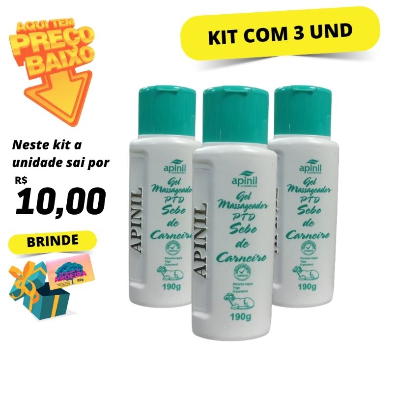 Kit com 3 Gel Massageador PTD Sebo de Carneiro Apinil 190g