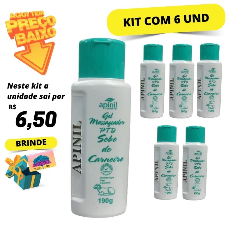 Kit com 6 Gel Massageador PTD Sebo de Carneiro Apinil 190g