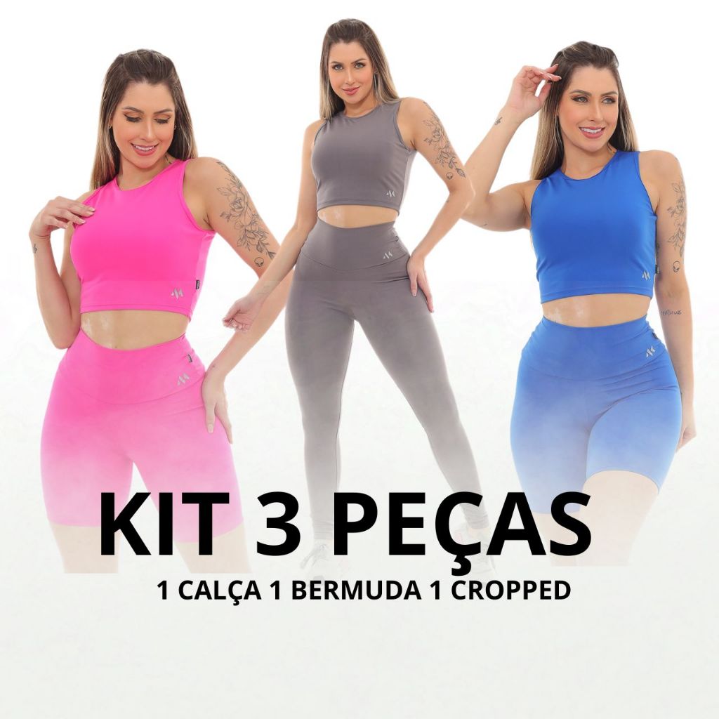 Kit 3 Peças 1 Bermuda 1 Legging 1 Cropped Blackout Zero Transparencia Com Antiodor