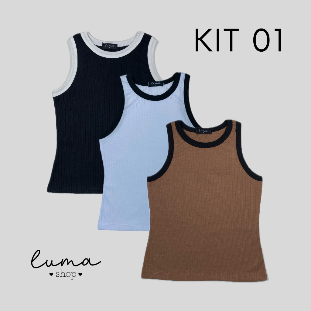 Kit 3 peças Regata Bicolor Feminina Ribana Canelada Premium  Trabalho Passeio Oferta Verão Elastano Macia Flexível
