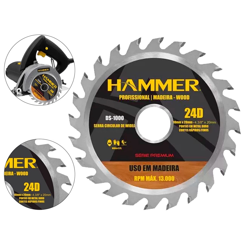 Disco de serra para madeira 4.3/8" x 20 mm 24 dentes - Hammer
