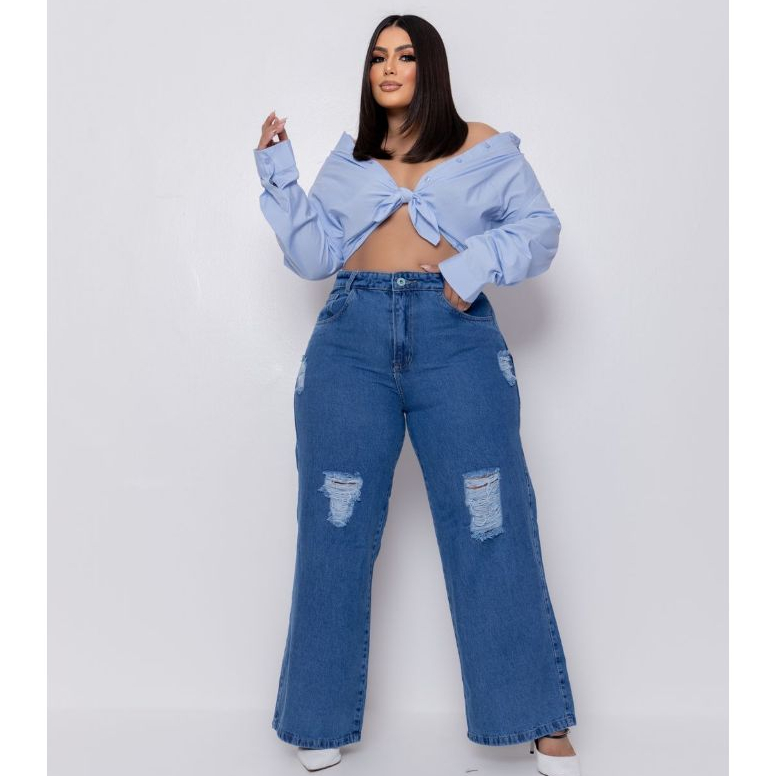 Calça Jeans Pantalona Wide Leg Plus Size Com Destroyed