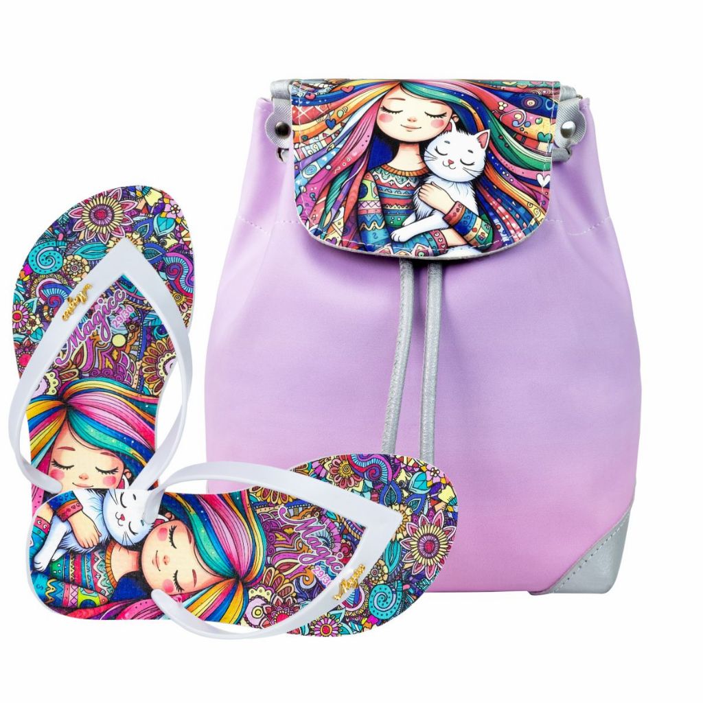 Kit Infantil Bolsa Mochila Infantil Chinelo Juvenil Rosa Menina Gatinho Magicc Bolsas MOCH-013