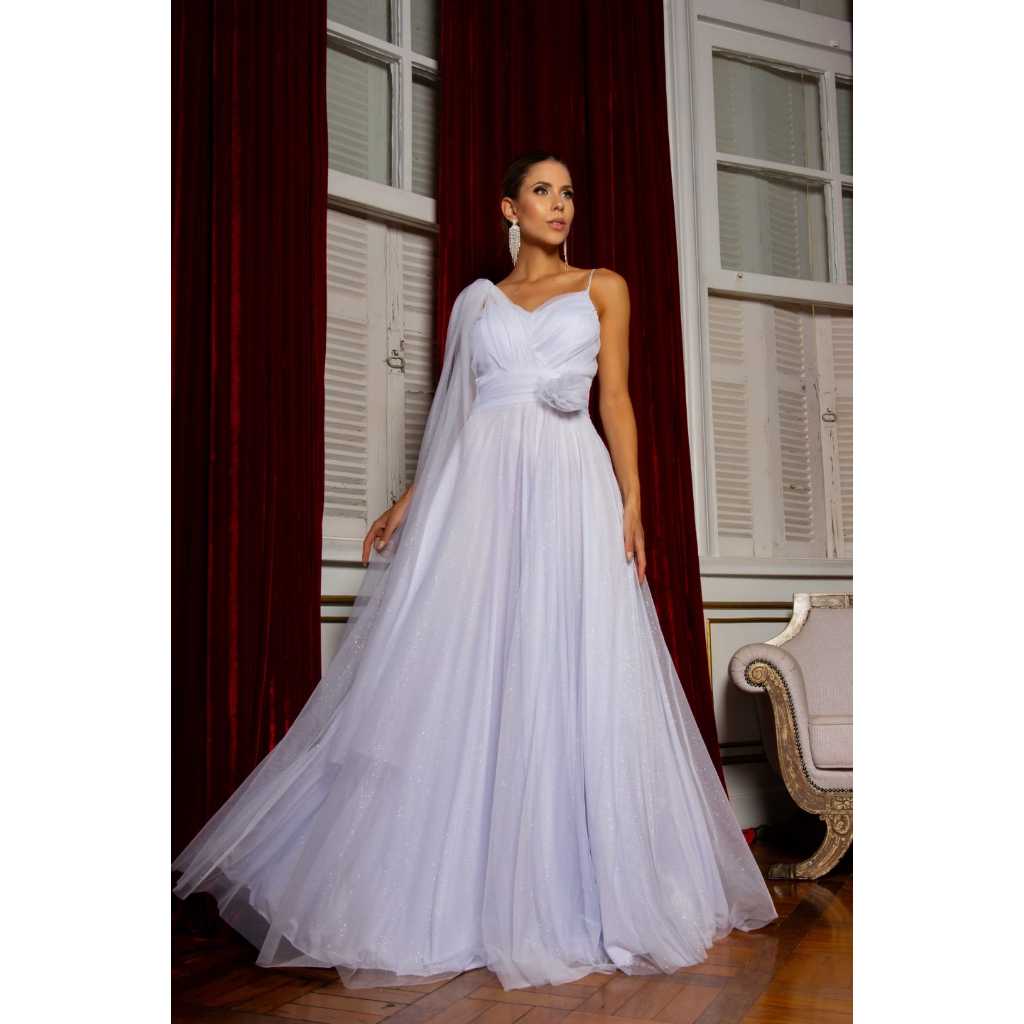 Vestido Feminino Longo De Festa Alcinha Com Flor e Capão Tule Com Brilho Formanda Madrinha