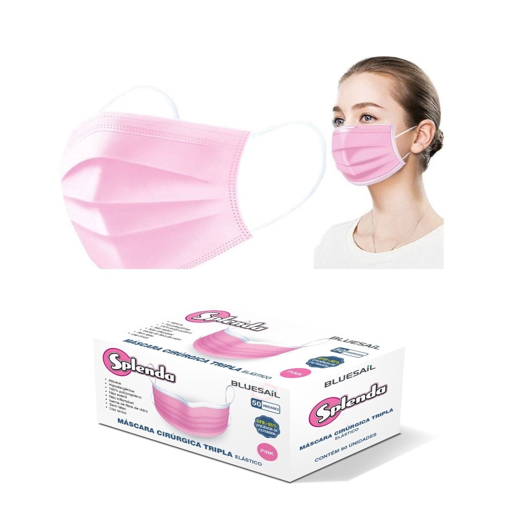 Máscara Descartável Tripla Camada ROSA/VERDE/AZUL/BRANCA/PRETA 50 Un